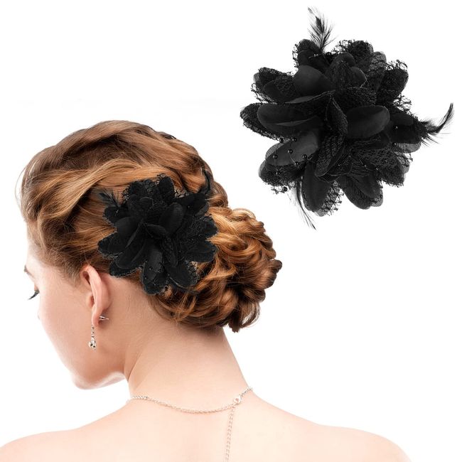 Sibba Flower Hats Clip Tea Party Corsage Hairpin Barrette Black Floral Feather Hair Pin Butterfly Valentines Day Christmas Supply Dresses Headband Set Women Girl Travel Bridesmaids Bride Wedding Prom