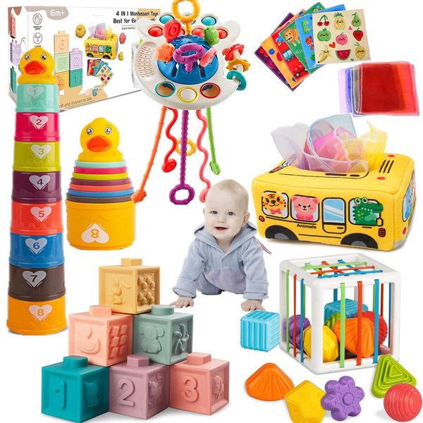 Baby toys 6 to 12 months, Montessori toys for 1 year old, Silicone Pull String Teething Toys, Stacking Building Blocks Infant Toddler Toys 0-3, Color Shape Bin Sensory Toys, Baby boys&girls gifts