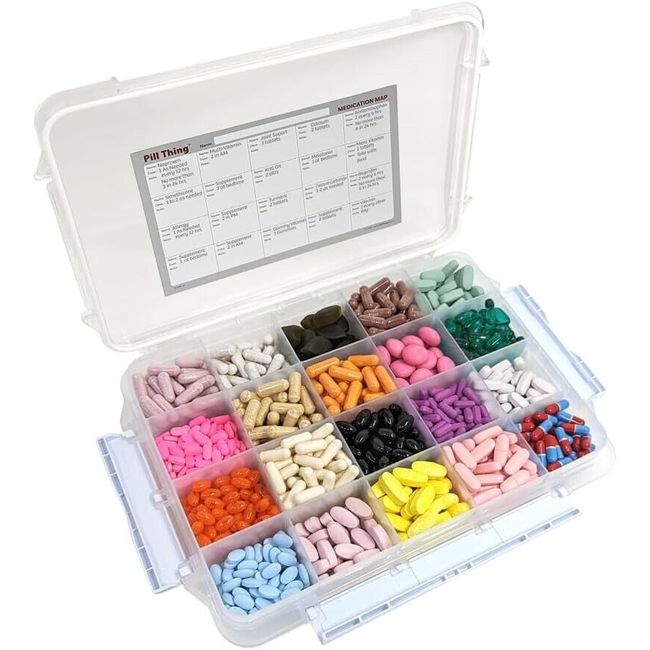 Large 20 Compartment Pill Case with Airtight Seal and Medication Map