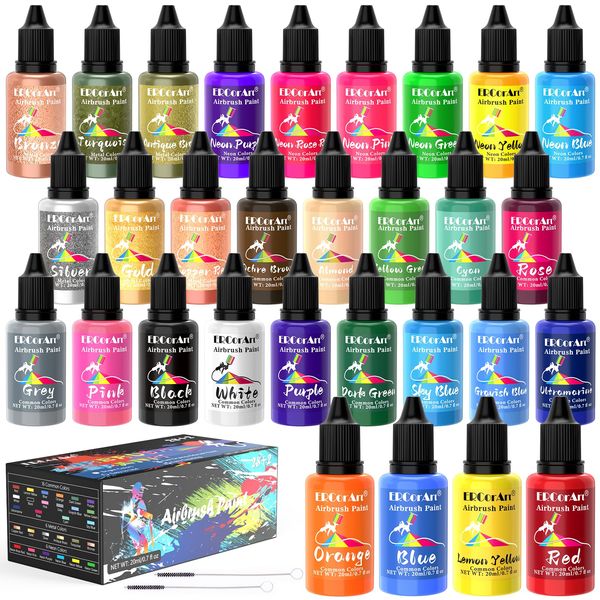 ERCorArt Airbrush Paint Set 30 Colours Air Brush Paint, Water Based Airbrush Paint for Model Paint, Shoes, Glass, Wood, Plastic, Acrylic Airbrush Paint for DIY Crafts - 20 ml