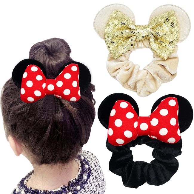 Mouse Ears Hair Scrunchies for Girls Ladies, Uooker 2 Pcs Velvet Hair Ties with Cute Bows, Elastic Hair Bands Ponytail Holder Lovely Hair Accessories for Birthday Parties Cosplay Costume(Random Color)