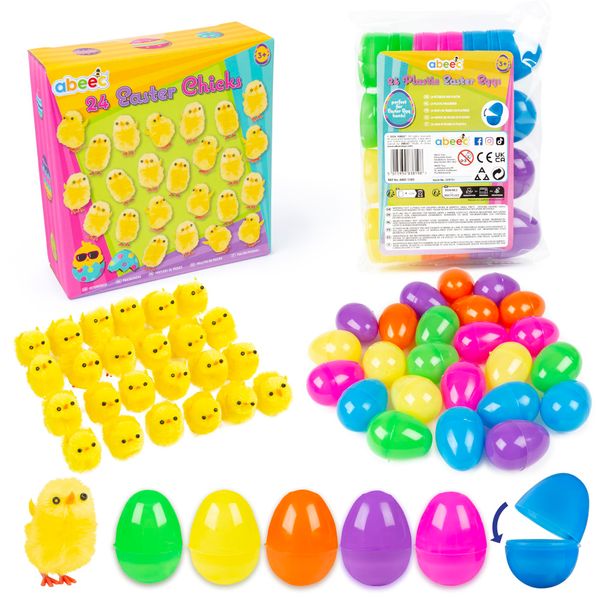 abeec Easter Chicks & Plastic Eggs Bundle | 24 Fluffy Easter Chicks & 24 Colorful Fillable Plastic Eggs | Easter Egg Hunt Kit | Fun Easter Decorations & Basket Fillers | Easter Craft Supplies