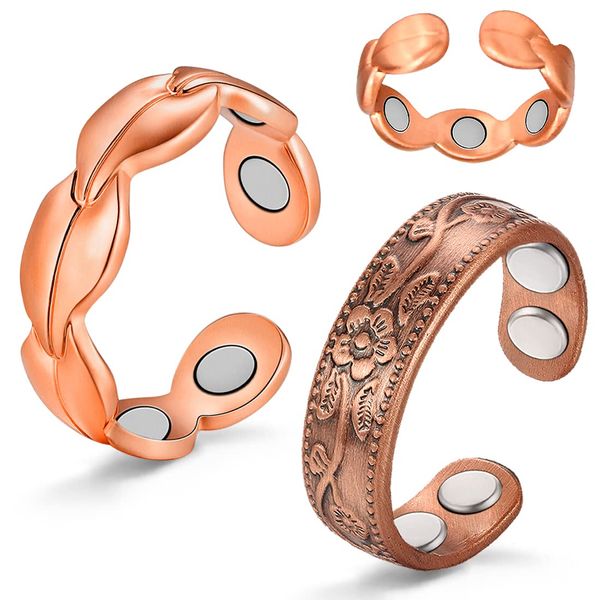 Vicmag 2PCS Copper Rings for Women Ultra Strength Magnetic 99.99% Solid Pure Copper Adjustable with Gift Box (2 pcs Copper Leaf & Flower)