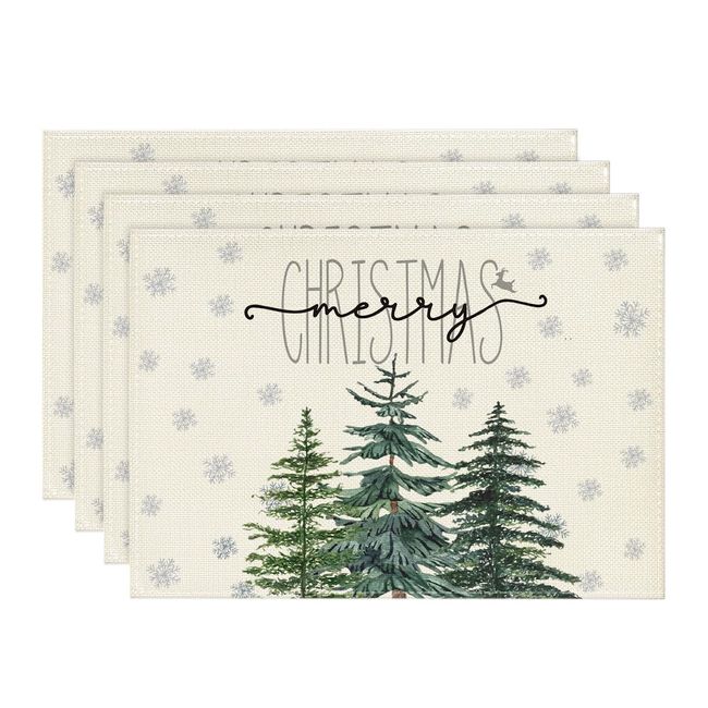 Artoid Mode Beige Pine Tree Snowflake Merry Christmas Placemats Set of 4, 12x18 Inch Seasonal Winter Xmas Holiday Table Mats for Party Kitchen Dining Decoration