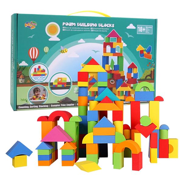 Pleykele Soft Building Blocks for Toddlers 2-4, 94PCS Foam Stacking Blocks Toys, Bath Toys for Kids, Preschool Learning STEM Toys & Gifts for Boys & Girls 18+ Months