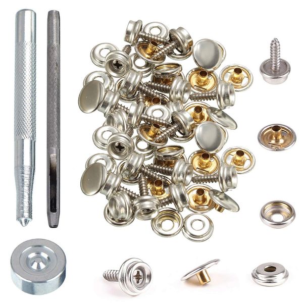 WedDecor 10 Sets Screw Snap Fastener Kit, 15mm Silver Marine Grade Metal Snap Fasteners with Fixing Hand Tool Set for DIY Projects, Snap astener Kit for Boat Cover, Leathercrafts, DIY Project, Wood