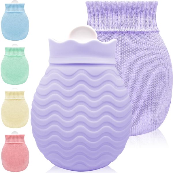 Small Hot Water Bottle with Cover - 320ml Mini Silicone Hot Water Bag for Hot and Cold Compress, Hand Foot Bed Warmer, Ideal for Menstrual Cramps, Neck and Shoulder Muscle Aches Pain Relief, Warmth