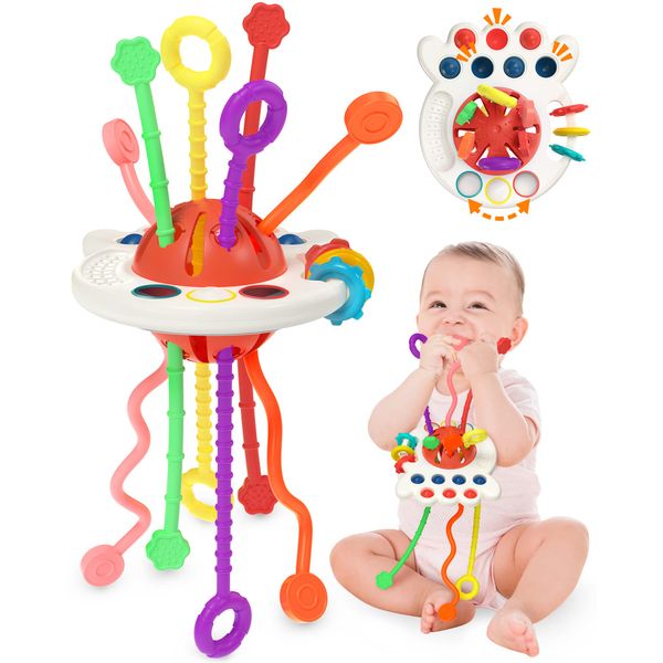 Yetonamr Baby Sensory Montessori Toy for 6-12-18 Months, Pull String Silicone Teething Toy, Birthday Gift Travel Toy for 1 2 Year Old Boy Girl Infant Toddlers 8 9 10 Months Old