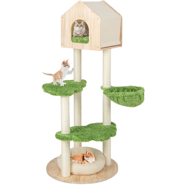 Wooden Cat Tree 55" Tall Cat Climbing Stand w/ Sisal Scratching Posts Green