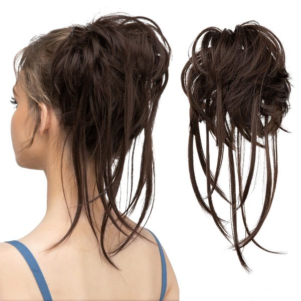 CJL HAIR Messy Bun Hair Piece Curly Hair Bun Extensions with Straight Tails Hair Scrunchies Ponytail Hairpieces for Women