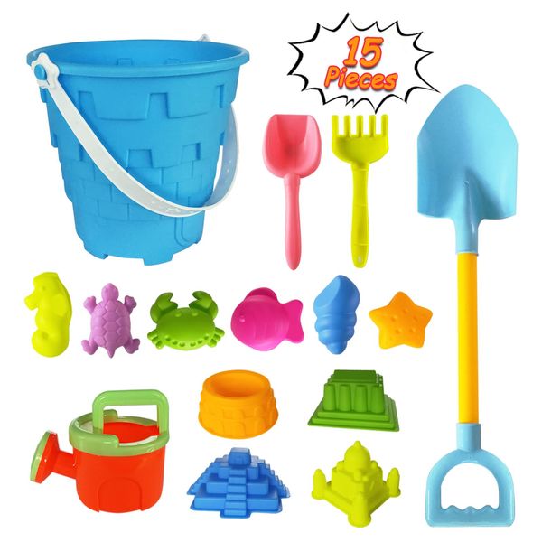 Beach Sand Toy Set for Kids, 15PCS Sand Toys with Beach Bucket, Watering Can, Big Shovel, Rake, Sea Animal Molds Sand Castle Building Kit for Boys, Girls, Toddlers