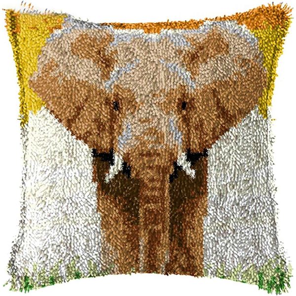 ZFFLYH Latch Hook Kits DIY Throw Pillow Cover Sofa Cushion Cover Cushion Cover Embroidery Craft Kit for Adults And Beginners Pattern Printed Canvas Creativity Crochet Gift 17X17 Inch,Elephant