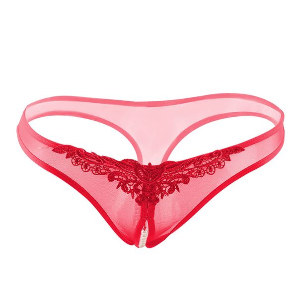 Byuuu Panties, Open Crotch, T-back, Extreme Shorts, Artificial Pearl Design, Lace, Loose Underwear, Cracked Crotch, Sexy Lingerie, Sexy Lingerie, Sexy Underwear, Ultra Thin, red