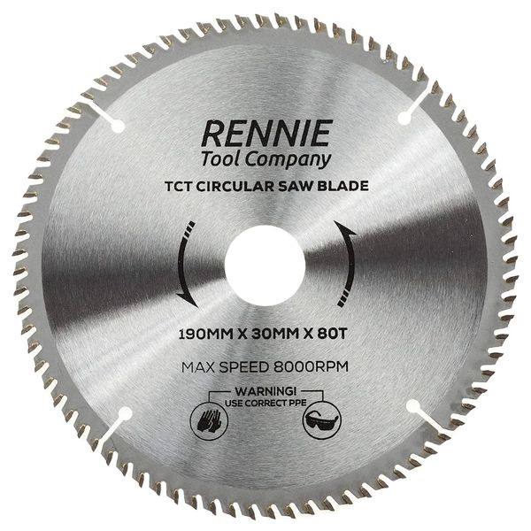 190mm x 80T TCT Saw Blade. 190mm Circular Saw Blade for Fine Cuts x 30mm Bore + 25mm/20mm/16mm Bore Reduction Rings Compatible with Bosch Makita Milwaukee Ryobi Dewalt Circular Saws etc