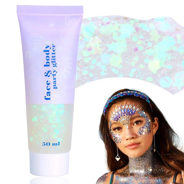 Body Glitter gel, Mermaid Sequins Chunky Glitter Liquid kit, 50ml Long-Lasting Glitter Powder For Festival Masquerade Birthday Makeup#Weiß