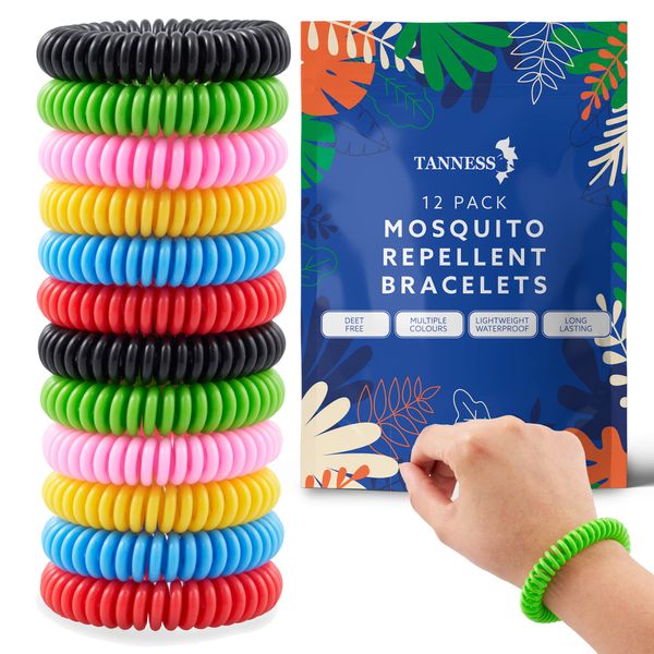 Tanness 12 Pack Mosquito Repellent Bracelet | Non-Toxic Deet-Free Outdoor Bug Mosquito Bands | Insect Repellent, Waterproof Insect Repellent Bands Travel Essentials for Kids & Adults