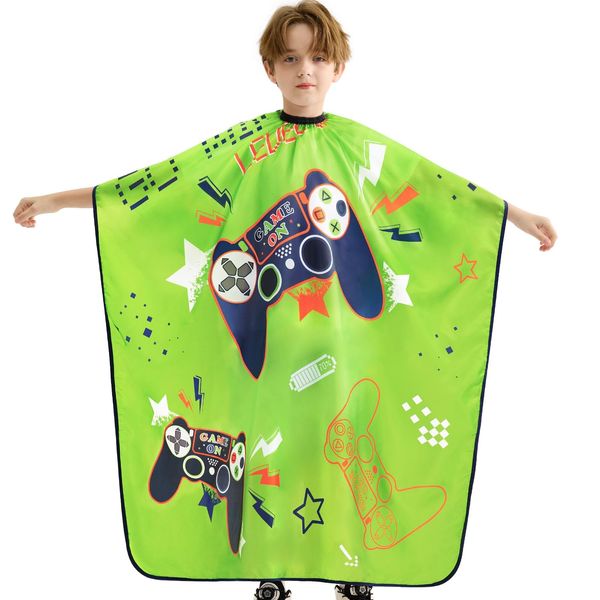 Kids Haircut Cape Waterproof Barber Cape Toddler Hair Cutting Cape for Boys Girls Haircuts Salon with Adjustable Snap Closure (Game Green)