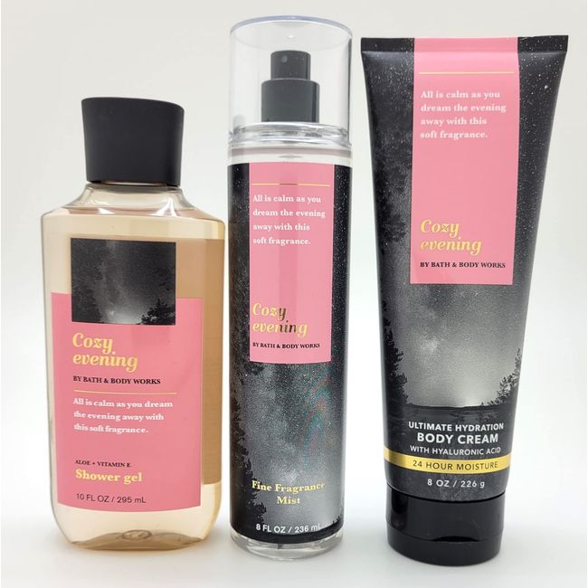 Bath & Body Works – Cozy Evening - 3 pc Bundle - Fine Fragrance Mist, Ultimate Hydration Body Cream and Shower Gel – Summer - 2022