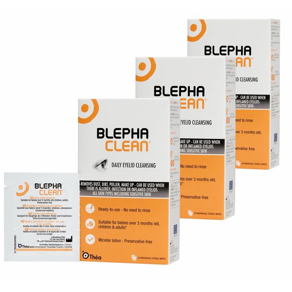 60 Blephaclean Daily Eyelid Wipes - Gentle Cleansing for Blepharitis and Dry Sensitive Skin | Preservative-Free Formula and Soothing Effective Dry Eye Relief | 20 Sterile Wipes x 3 packs