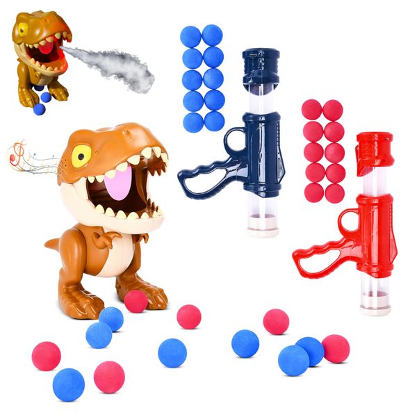 Dazmers Dinosaur Shooting Toy - Set of 2 Soft Bullet Gun with 20 Bullets and Target Dinosaur - Red & Blue Foam Guns and Balls - Educational Toy Guns for Kids - Indoor & Outdoor Shooting Fun