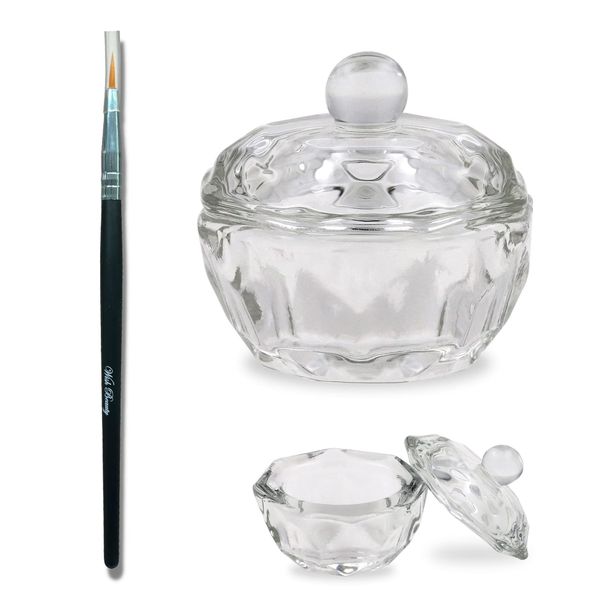 Professional Acrylic Liquid | Monomer Dappen Dish + Tint Lash Brush | Crystal Bowl Nail Art Powder Cup (Brush) (Round + 1 FREE BRUSH)