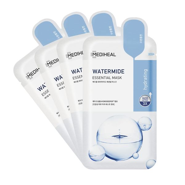 Mediheal Best Korean Sheet Mask - Watermide Essential Face Mask 4 Sheets For All Skin Types Korean Best Sheet Mask Hydrating Moisturizing with Water 3x Complex