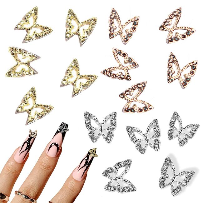 60PCS 3D Butterfly Nail Charms,Alloy Butterfly Nail Decorations for Nail Art,Gold Butterfly Nail Charms for DIY Craft Nail (Gold,Silvery,Rose)…