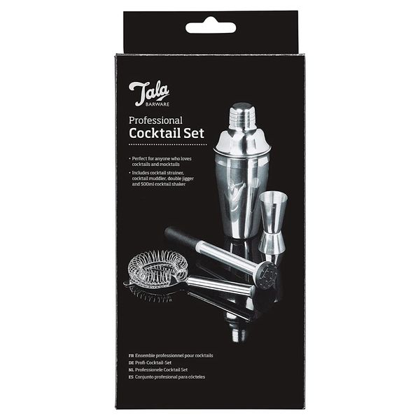 Tala Barware Professional Cocktail Set - 4 Piece Gift Set - Stainless Steel 500ml Cocktail Shaker, Hawthorne Strainer, Muddler & Jigger Spirit Measure 25ml 50ml measurements - Dishwasher Safe