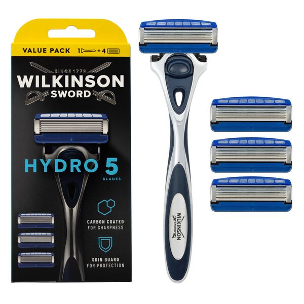 WILKINSON SWORD - Hydro 5 Razor For Men, Carbon Coated Blades, Hydrating Gel & Precision Trimmer, Razor + 3 Razor Blades