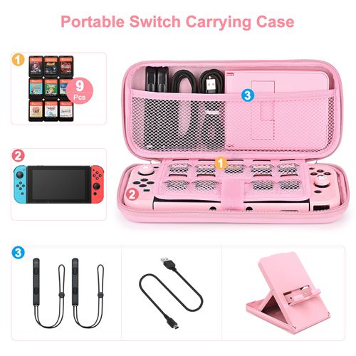 Younik Switch Accessories Bundle, 15 in 1 Switch Accessories Kit for Girls Include Switch Carrying Case with 9 Game Card Slots, Adjustable Stand, Protective Case for Switch Console & J-Con (Pink)