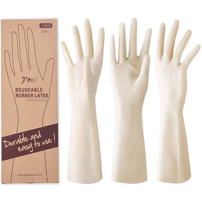 JOYECO Rubber Gloves Reusable Household Cleaning for Kitchen Dishwashing 3 Pairs White, Large