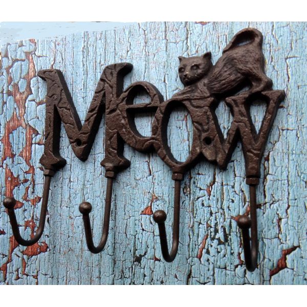 Cast Iron Cat Wall Hook Key Holder Leash Holder Meow Sign with 4 hooks Pet Decor