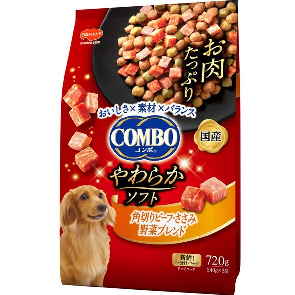 Combo Dog Food, Soft Diced Beef, Scissors, Vegetable Blend, 25.4 oz (720 g), Semi-Raw Type, Plenty of Meat Grains, Made in Japan