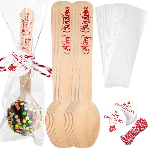 100 Set Christmas Wooden Spoons Hot Cocoa Chocolate Marshmallow Bar Stirring Spoons Hot Chocolate with Tag Bag Rope for Cake Candy Baking