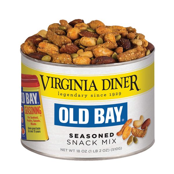 Virginia Diner - Gourmet Natural Old Bay Seasoned Snack Mix (Old Bay Seasoned Virginia Peanuts, Cashews, Cheddar & Garlic Sesame Sticks, Pepitas & Almonds.), 18 Ounce Tin