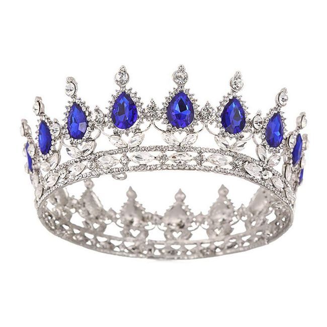 QIDIAN Bride Water Droplets Full Crown Pageant Crowns Princess Tiara Retro Round Crown Bride Hair Accessories (Blue)