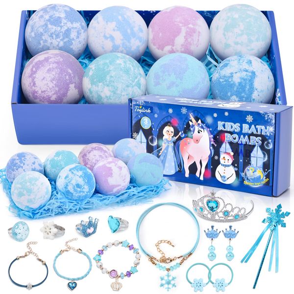 Toylink Bath Bombs for Kids with Surprise Inside Frozen Toys 8 Pack Natural Bath Bombs Handmade Spa Bath Fizzies with Jewelry Set Girls Birthday Christmas Gift