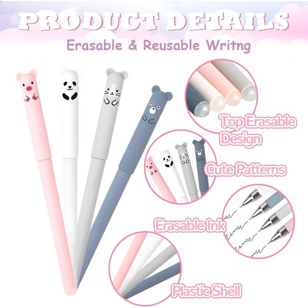 Erasable Pens, 8pcs Cute Rub Out Pens with 24pcs Refills, 0.35mm Cartoon Erasable Gel ink Pens, Animal Erasable Rollerball Pens for Student School Office Supplies