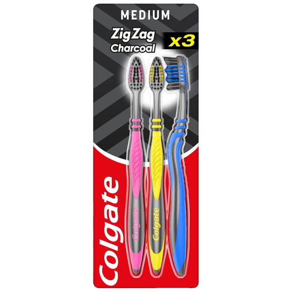 Colgate ZigZag Black Medium Toothbrush, Pack of 3 (Assorted Color)