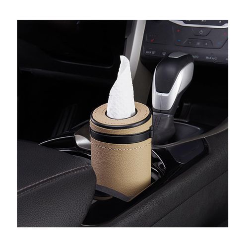 Suvnie Car Tissue Holder, Auto Cylinder Tissue Box with Window Breaker, Leather Round Tissues Container for Vehicle Home Office Use, Travel Facial Tissues Organizer Car Accessories (Beige)