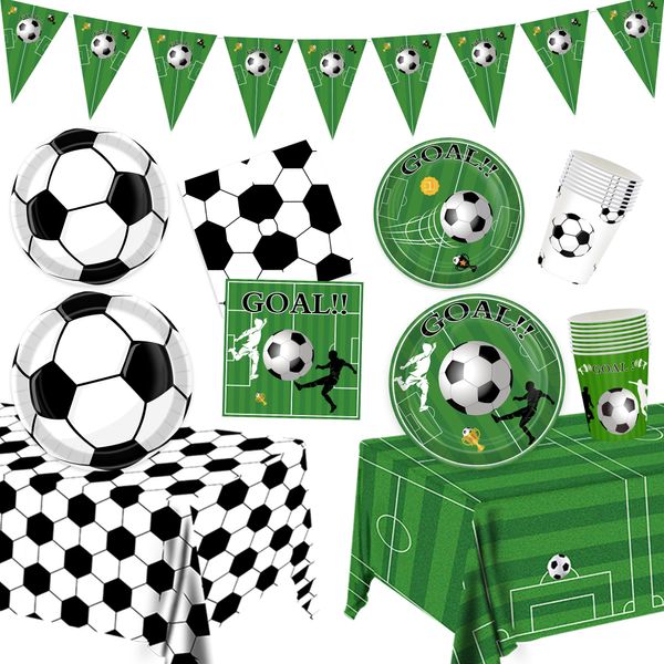 JQSSHXB Soccer Birthday Party Decorations Tableware Set Soccer Party Supplies Soccer Theme Party Decorations Paper Plates Napkins Cup Tablecloth and Banner for Boys Girls Sports Theme, 24 Guests