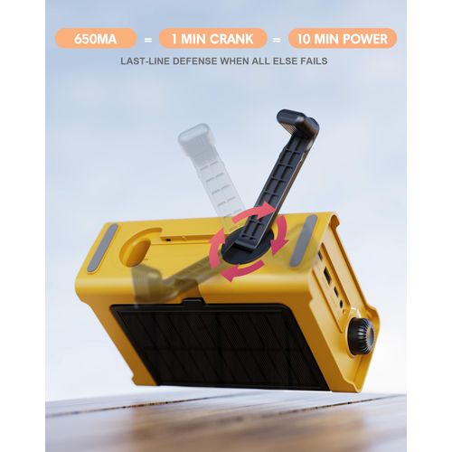 Emergency Weather Radio with Solar & Crank Power – AM/FM/NOAA, LED Flashlight, Reading Light, USB Charging & SOS – Survival Gear for Power Outages & Storms (Yellow)