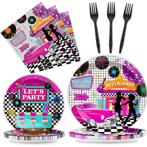 ZOIIWA 50's Theme Party Plates Napkins 1950's Rocking Music Party Tableware Back to 50's Disposable Paper Plates Napkins for Birthday Anniversary Birthday Party Decoration Supplies Favors 24 Guests