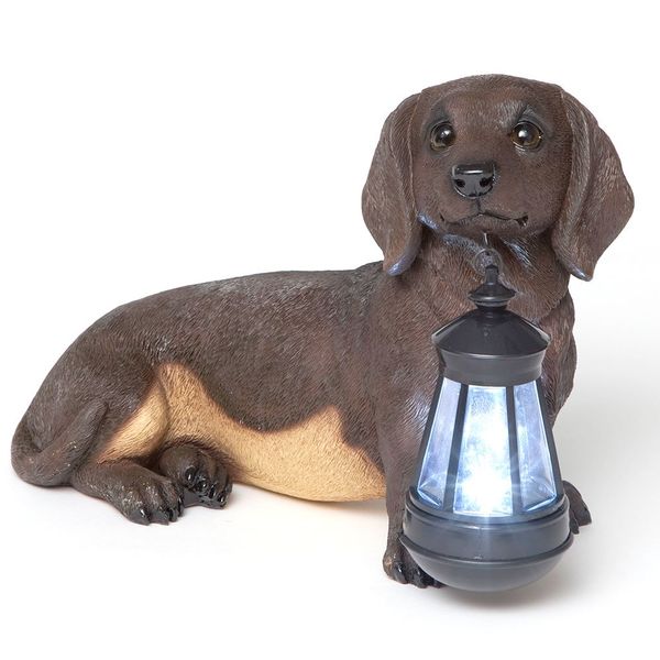 Bits and Pieces - Dachshund Solar Lantern Statue - Solar Powered Garden Lantern - Resin Dog Sculpture with LED Light - Outdoor Lighting and Décor