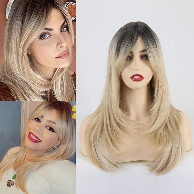 Towarm Ombre Blonde Wigs for Women Shoulder Length Layer Wig with Fringe Heat Resistant Short Bob Wavy Synthetic Wigs with Bangs (4/18/613)