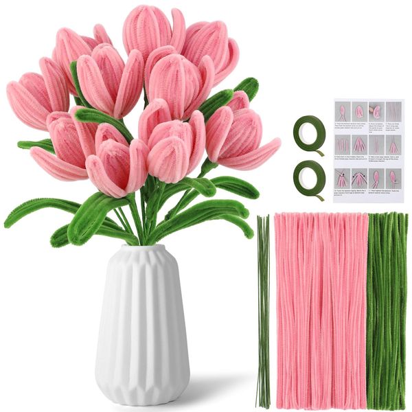 Pipe Cleaners Craft Supplies, Chenille Stems Pipe Cleaner Flower Kit with Step-by-Step Video, Craft Pipe Cleaners for Flowers DIY Art Creative Crafts Party Birthday（10 Flowers）