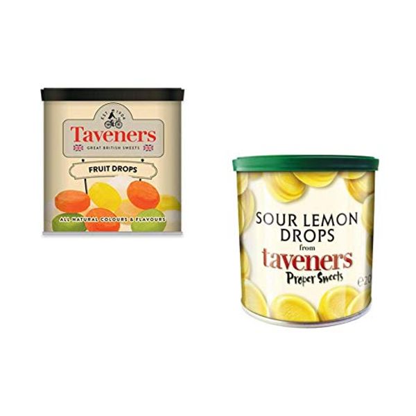 Taveners Sour Lemon Drops and Fruit Drops 2 Tin Bundle (2 x 200 grams)