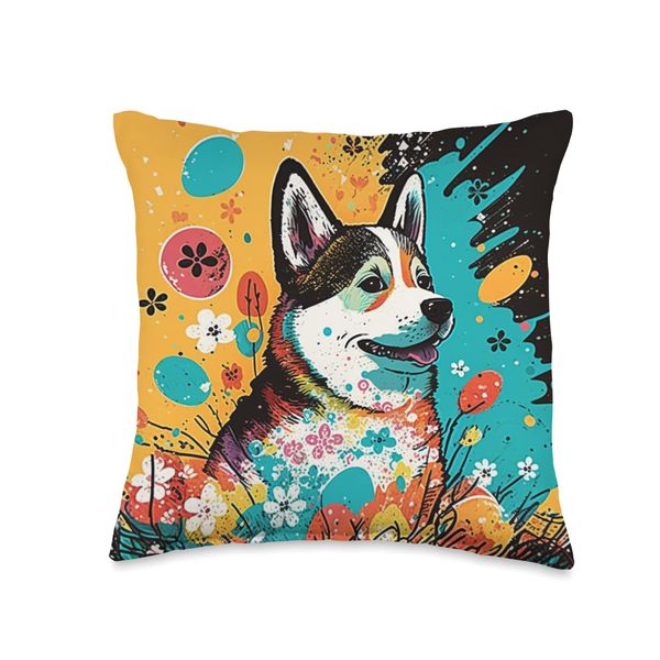 Siberian Husky Easter Egg Flowers Dog Lover Paint Splatter Throw Pillow