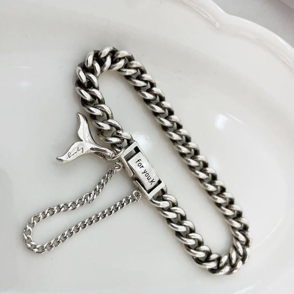 Silver 925 7D 7mm Dolphin Tail Oil Painting Chain Engraved Bracelet