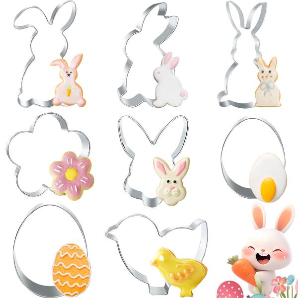Ausstecher Ostern Set,8 Stück Osterhasen Ausstecher Plätzchen Ausstechformen Ostern,Osterausstecher Hase,Edelstahl Keksausstecher Ostern Keksform für Backen,Küken,Häschenkopf,Ei,Blume